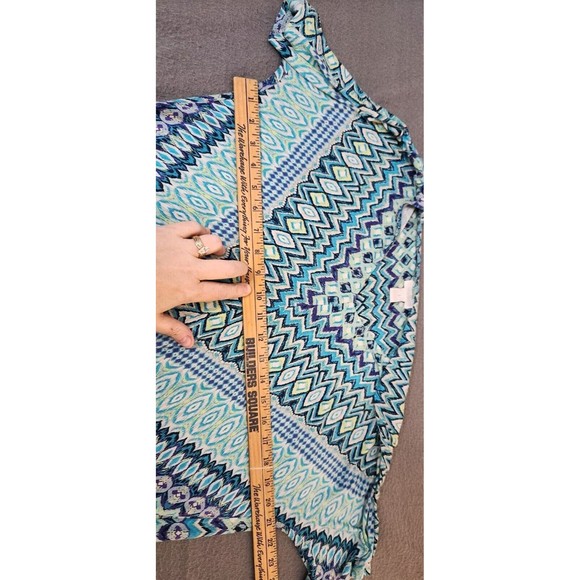 Chico's Aqua Blue Purple White Chevron Ruched Ikat Sides Tunic Top Shirt Sz 1 M - Picture 5 of 7